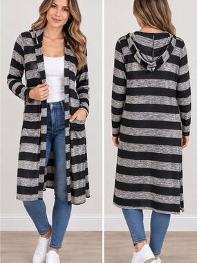Majora Medium Black & Grey Striped Long Hooded Cardigan Open Front